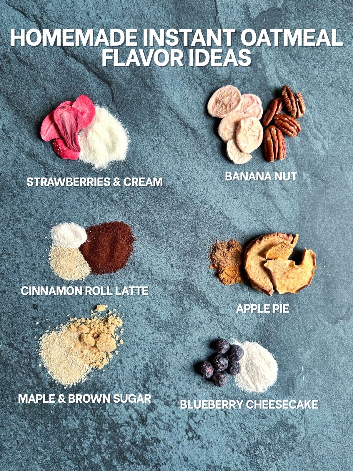 A flatlay with different dried fruits, nuts, and sweeteners to provide ideas for DIY instant oatmeal packets.
