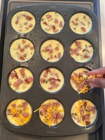 A hand sprinkling yellow cheese on top of muffin cups filled with eggs and sausage.