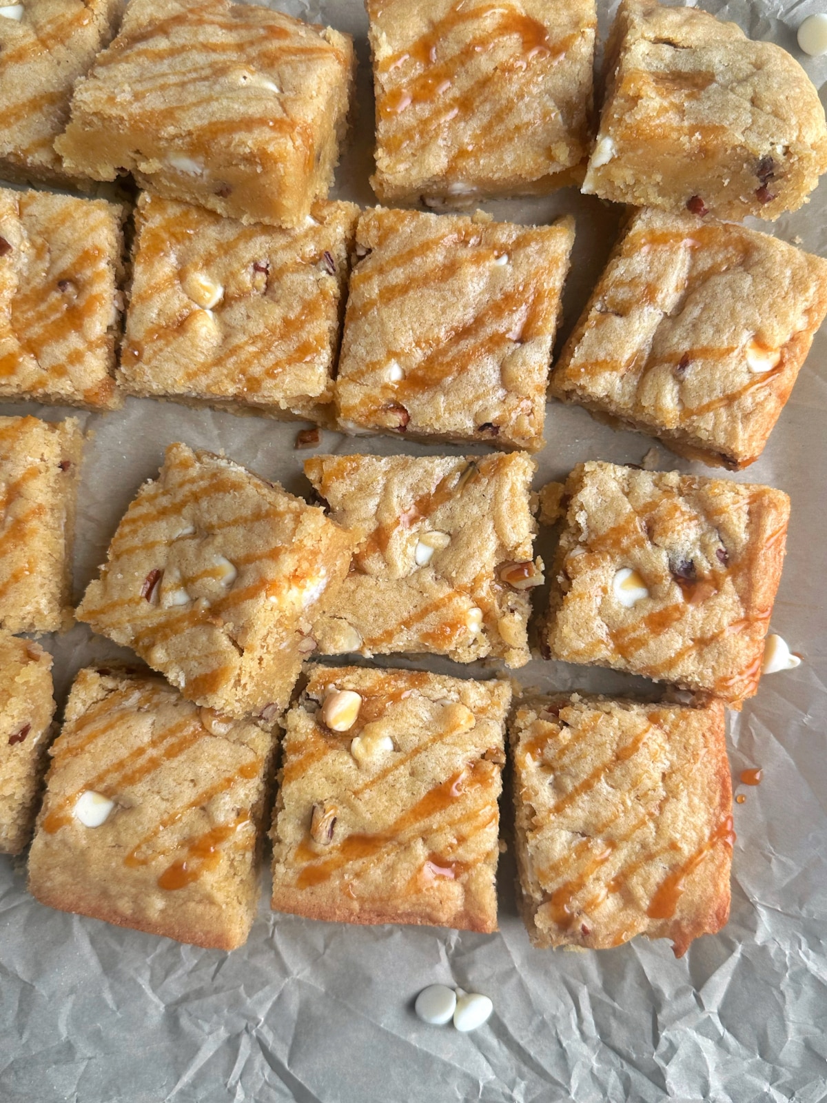 A block of brown sugar blondies, cut into individual squares.