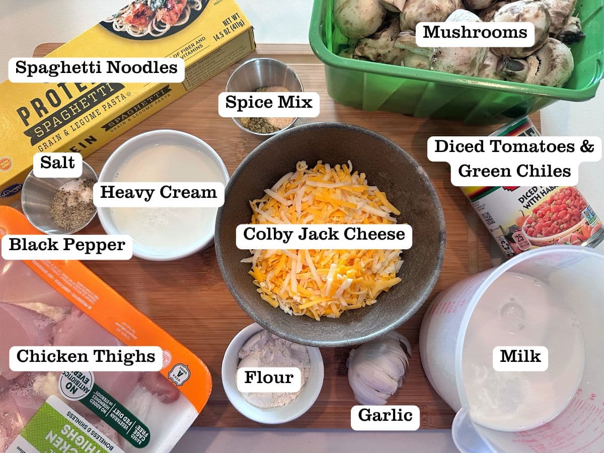 A collage photo containing ingredients for chicken spaghetti, including heavy cream, mushrooms, and chicken thighs.