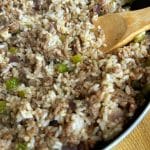 A large pot of homemade cajun dirty rice.