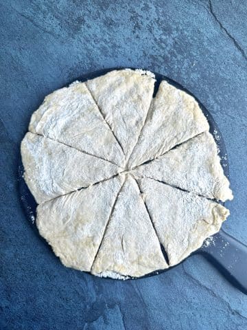 A circle of naan dough cut into eight slices.