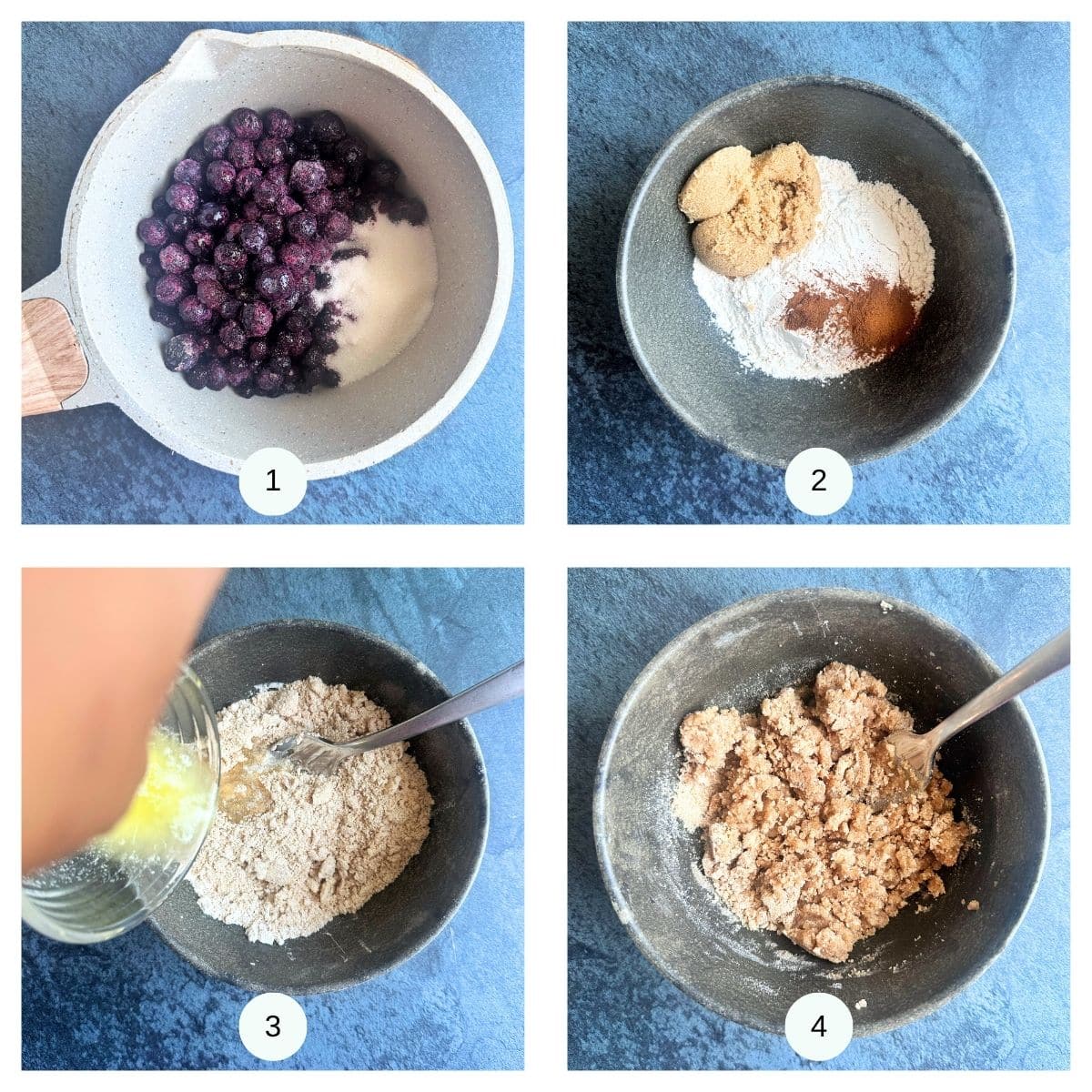 A college showing how to make blueberry jam and a brown sugar crumble topping.