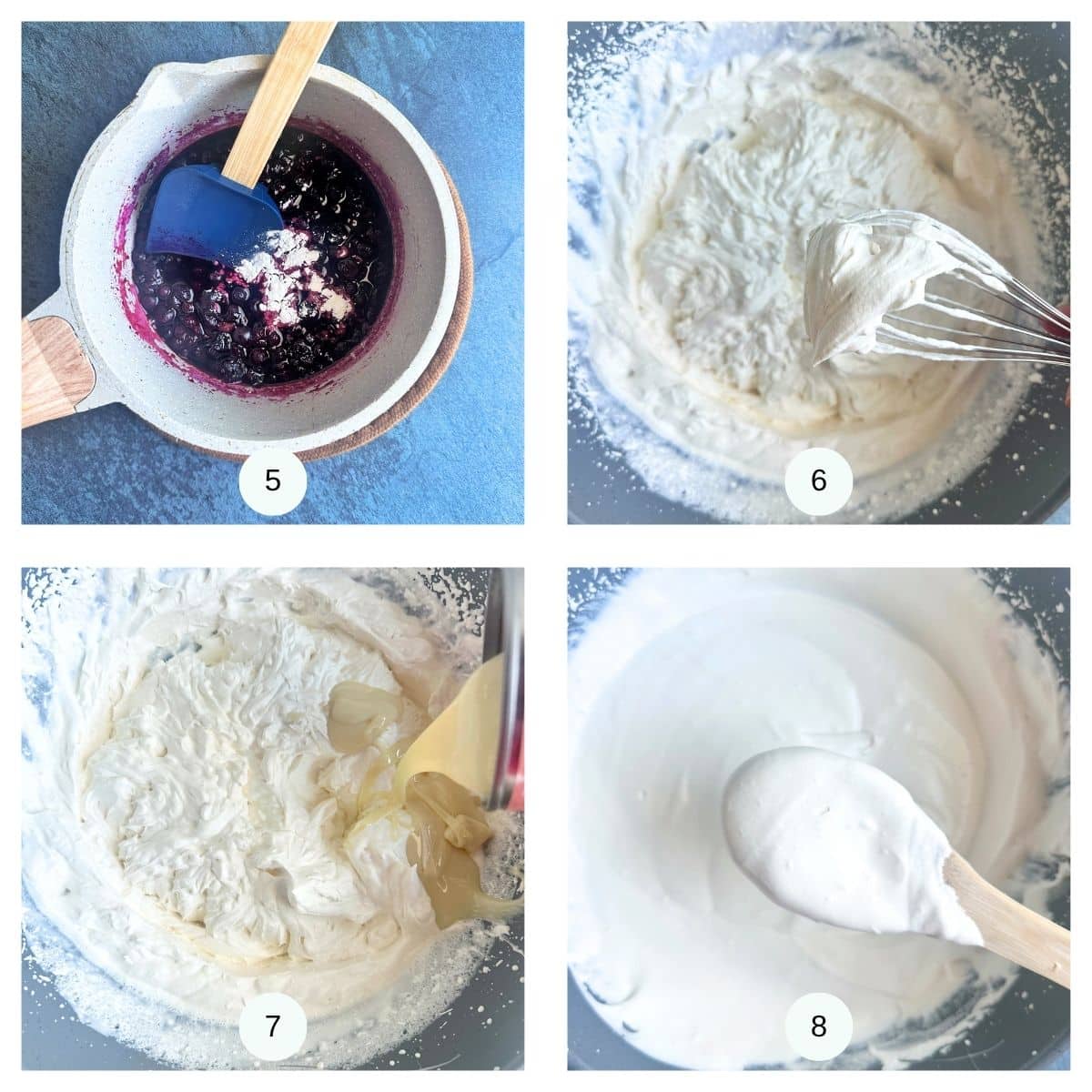 A collage showing how to make blueberry compote and a no-churn ice cream base.
