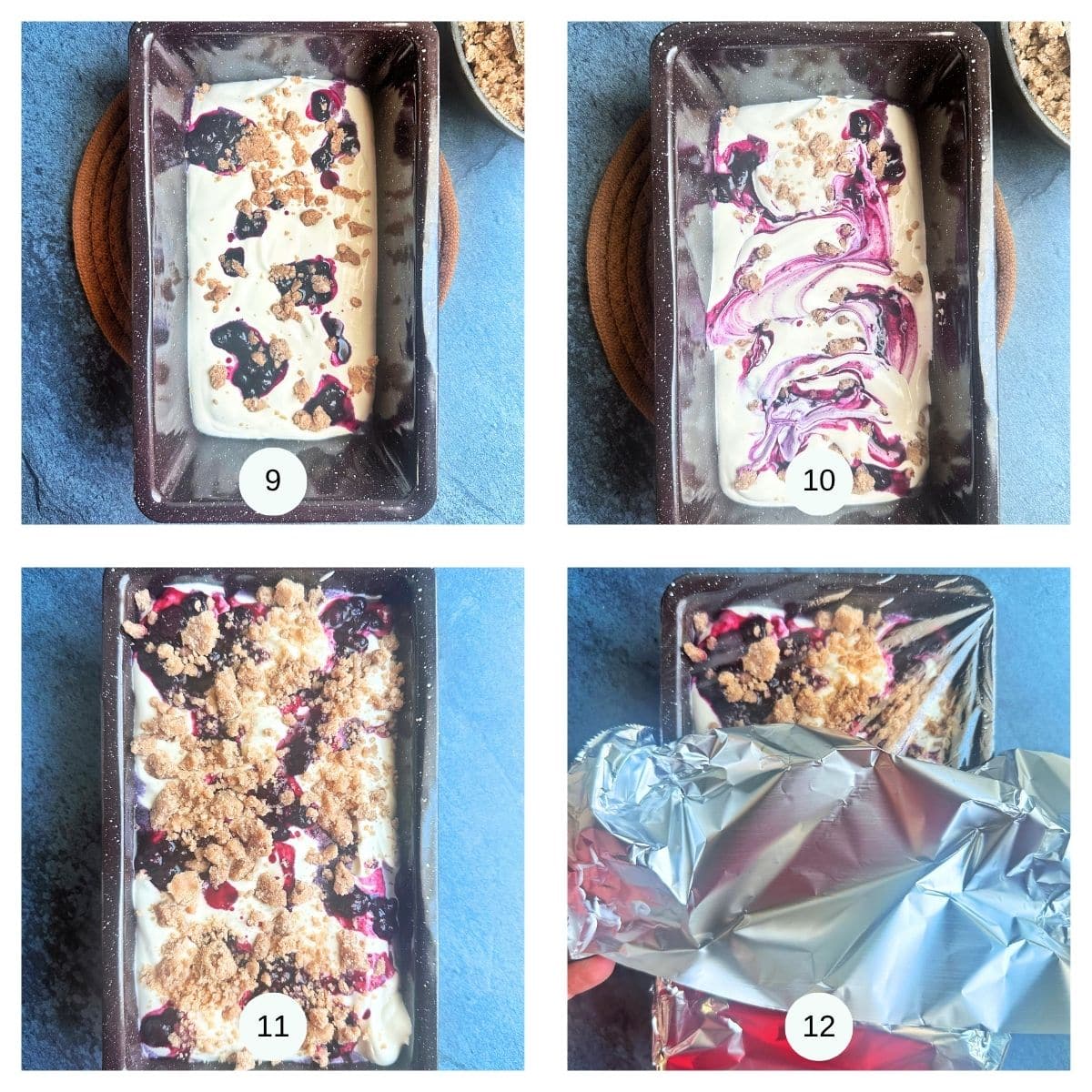 A collage showing the last 4 steps in assembling and freezing blueberry crumble ice cream.