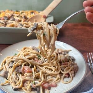 A fork holding up a helping of chicken tetrazzini over a plateful of the rest.