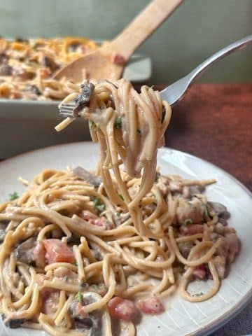 A fork holding up a helping of chicken tetrazzini over a plateful of the rest.