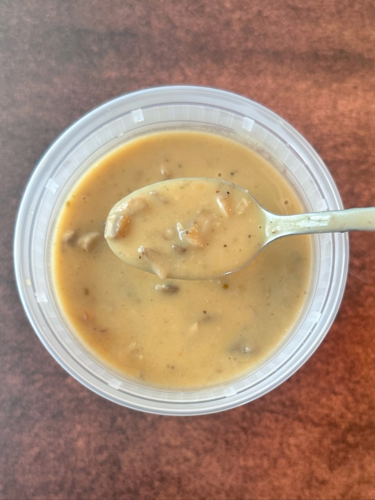 A spoonful of homemade cream of mushroom soup over a container with the rest of the soup.