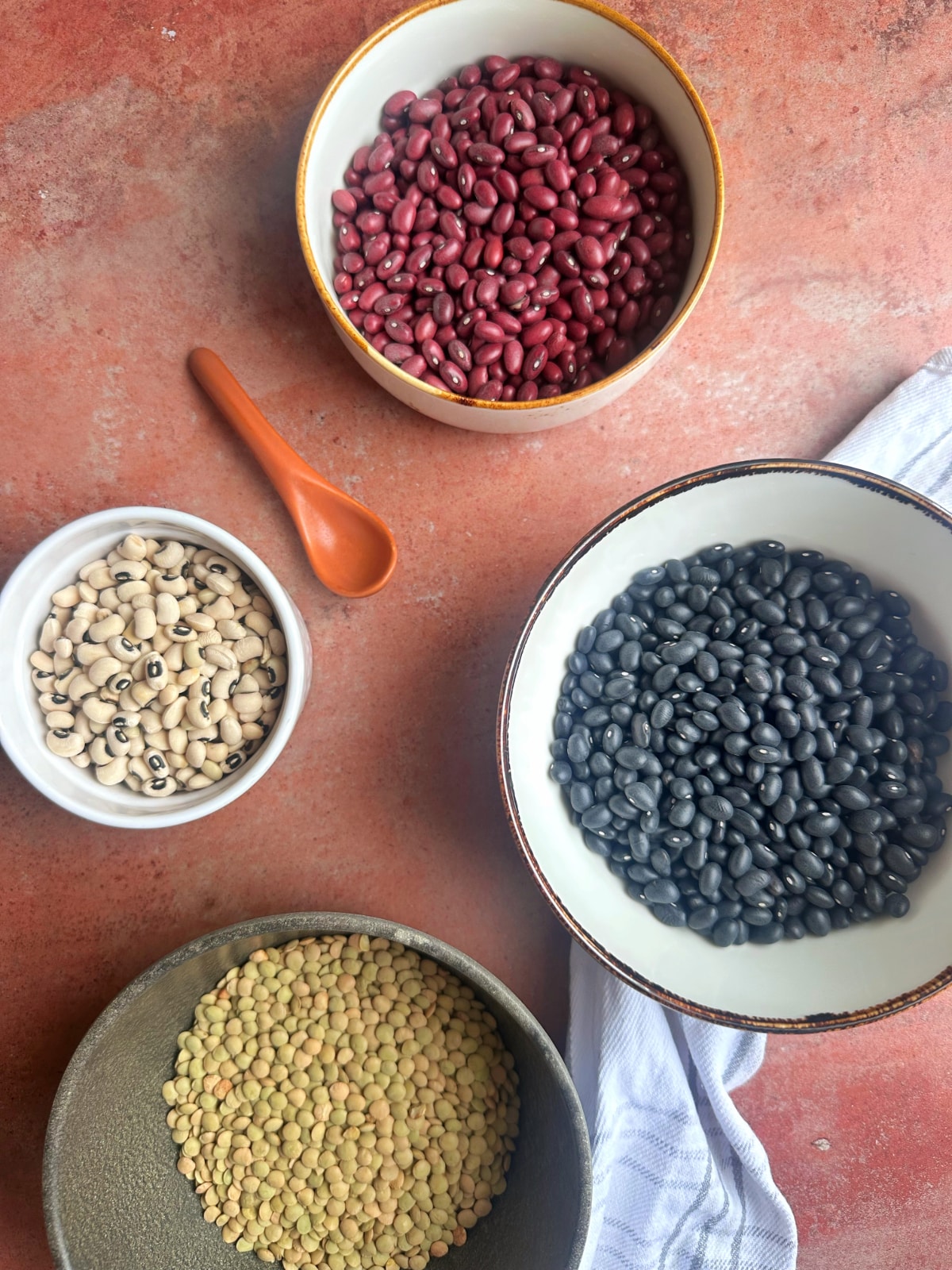 A photo of 4 varieties of dry beans in bowls with a wooden spoon next to them.