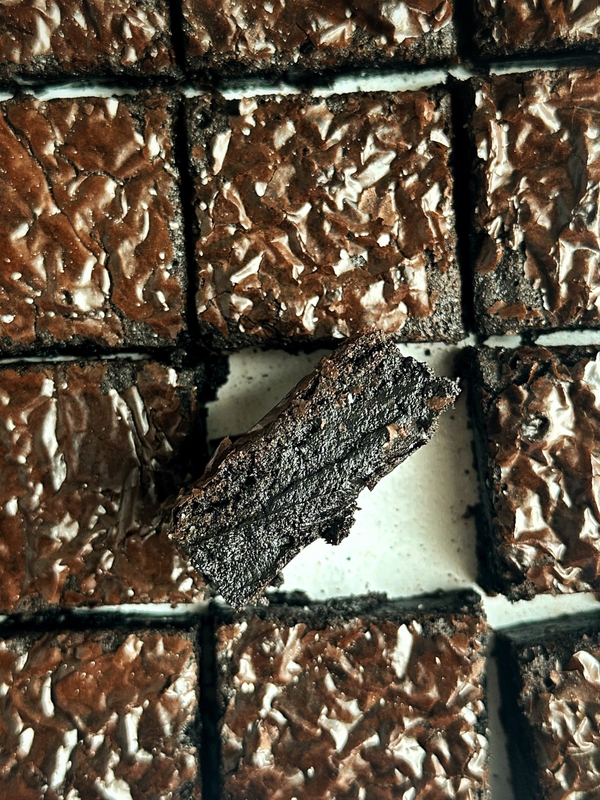 Rows of fudge brownies with one turned sideways to display the interior texture.