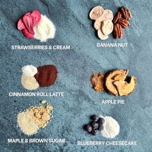 A board containing different ingredients to create instant oatmeal packets.