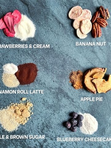 A board containing different ingredients to create instant oatmeal packets.