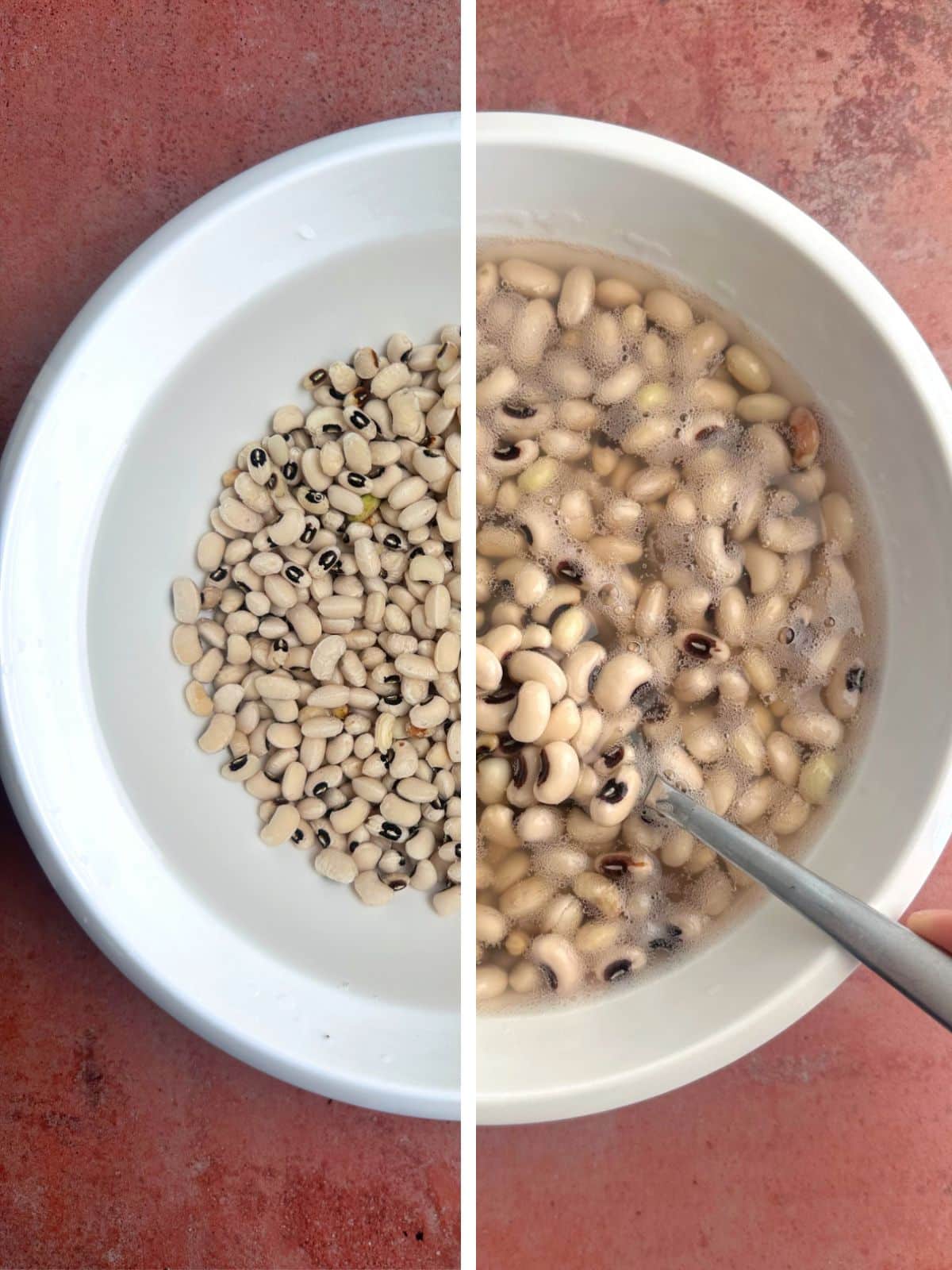 A split photo of a bowl of soaked black eyed peas, the left side at the start of the process, the right side after soaking.