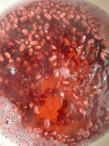 A photo of a pot of red beans boiling in water.