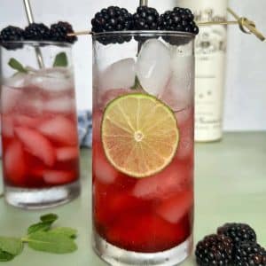 A glass of blackberry mojito with lime slices and fresh berries for garnish.
