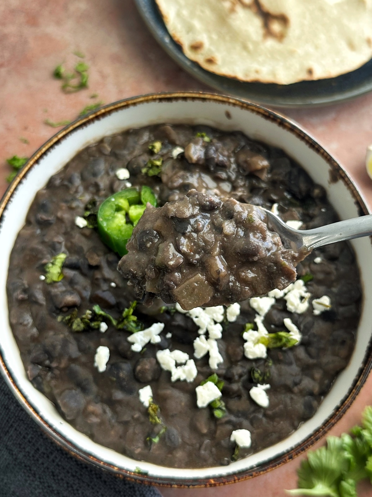 A hand holding up a spoonful of refried black. beans over the bowl filled with the rest of them.