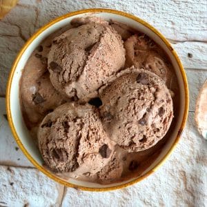 A bowl filled with scoops of dark chocolate ice cream.