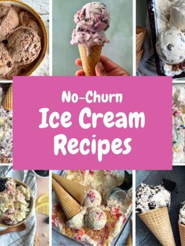 A collage of various ice cream flavors with the title box in the center stating "No-Churn Ice Cream Recipes".