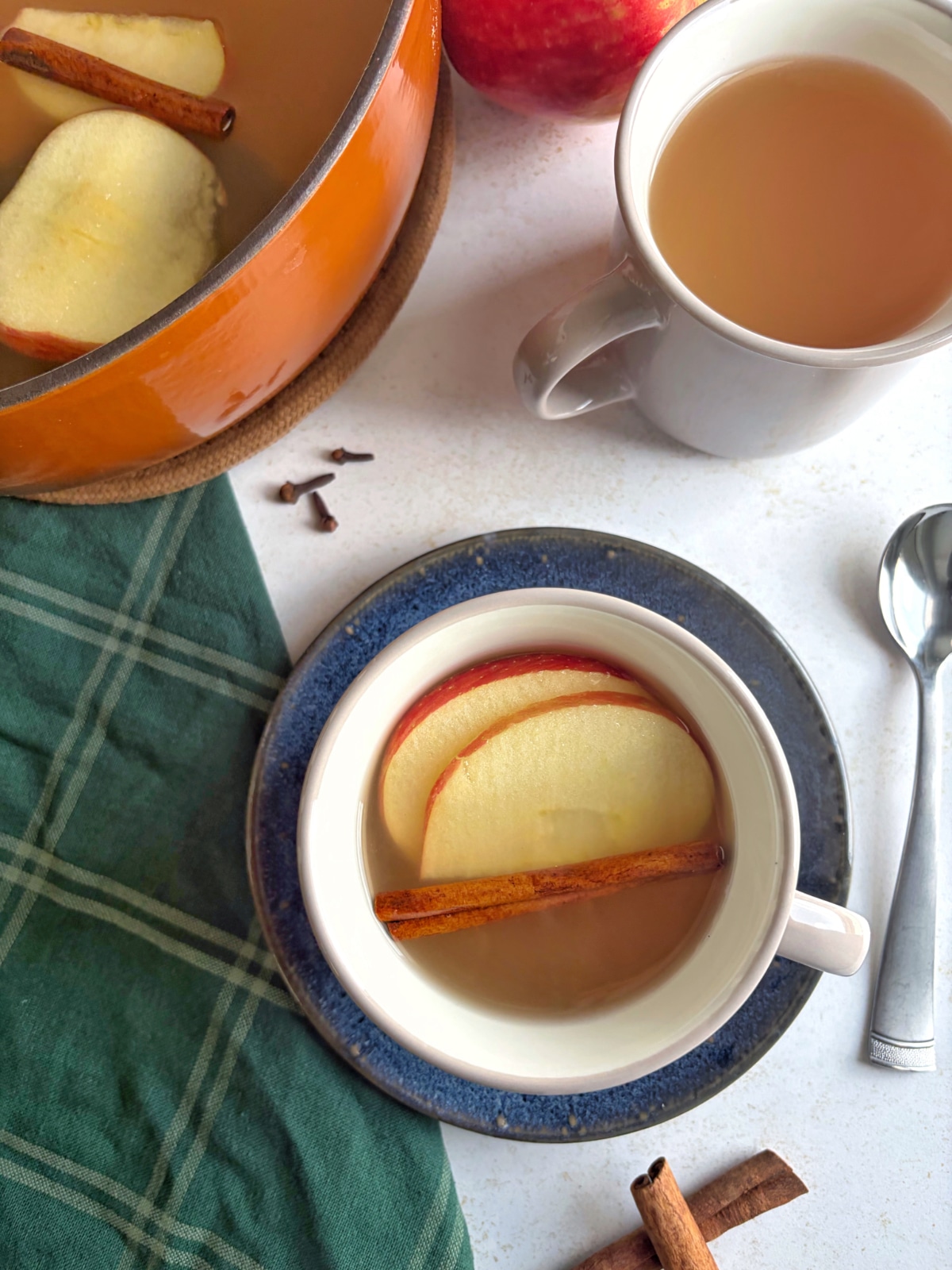 An overhead shot of two cups of homemade apple cider, a pot with the remaining liquid, and cinnamon sticks and cloves.