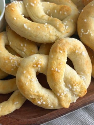 A tray of baked pretzels made with Greek yogurt.