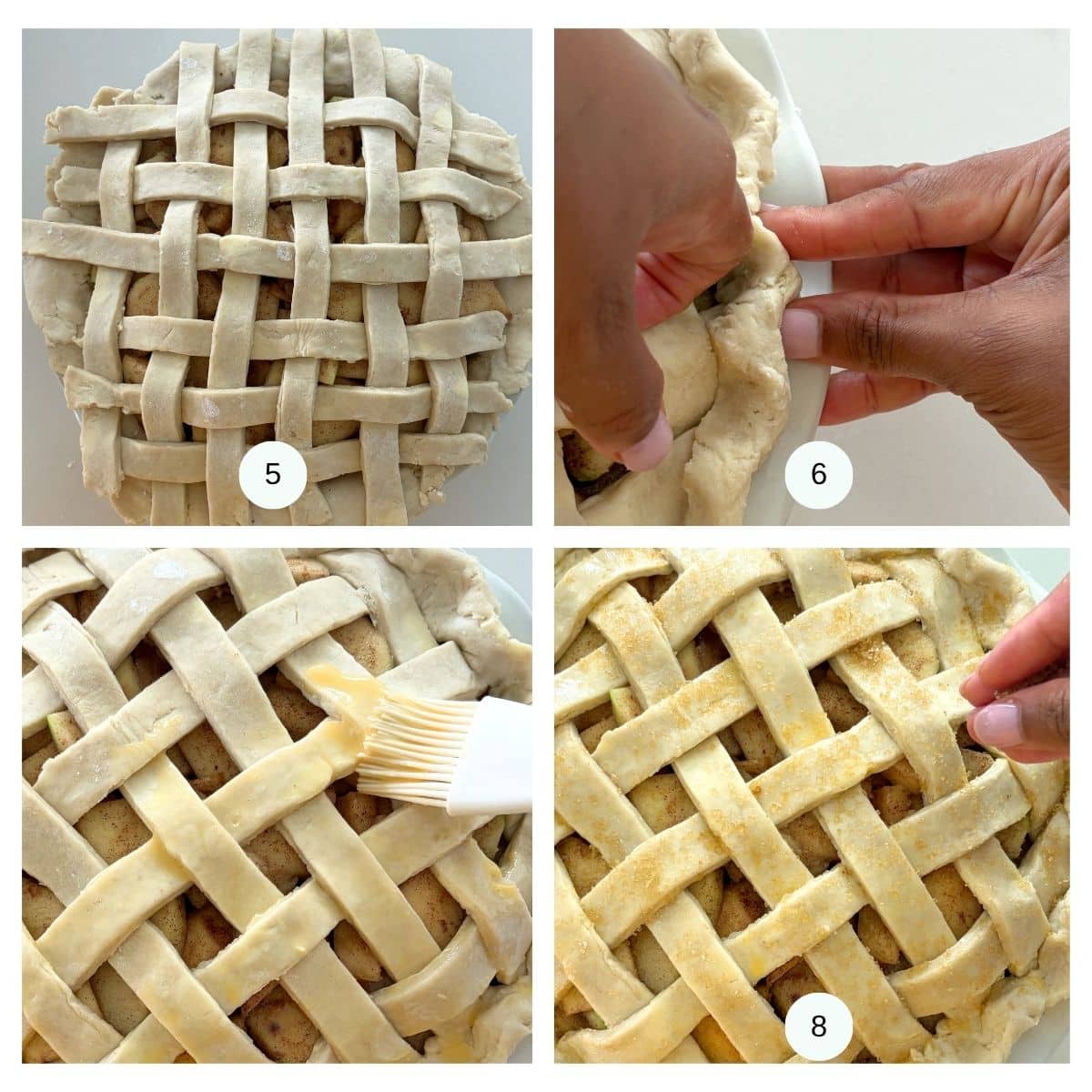 A photo collage showing how to prepare the top crust of a pie.
