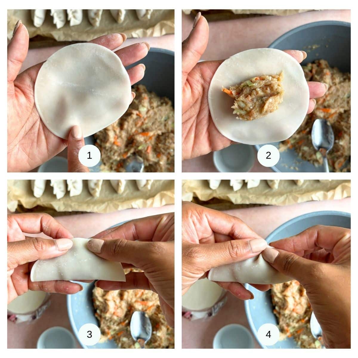 A collage of 4 photos showing how to fill and wrap a dumpling - steps 1 - 4.