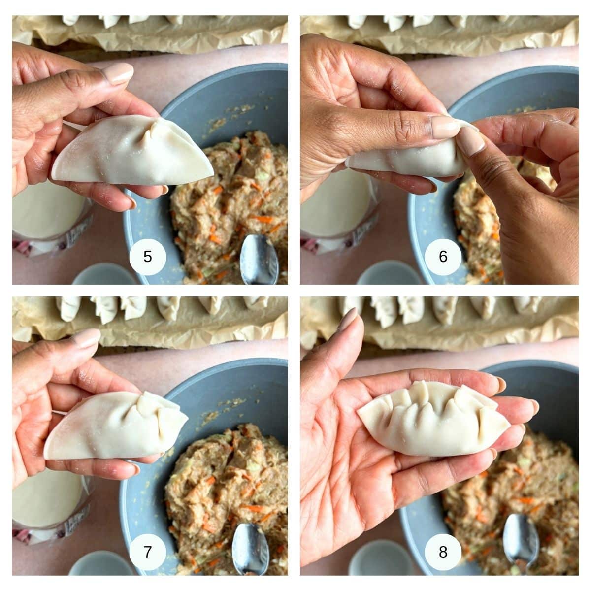 A collage of 4 photos showing how to fill and wrap a dumpling - steps 5 - 8.