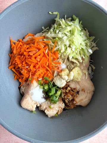 A mixing bowl with shredded vegetables, ground chicken, and seasonings and herbs.