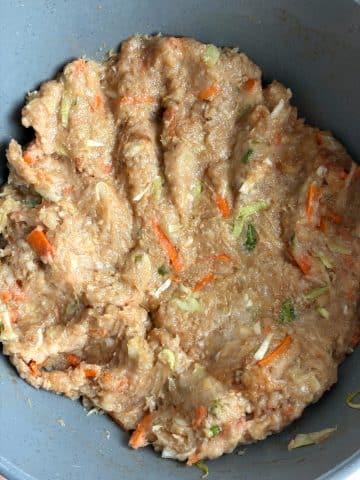 A mixing bowl with ground chicken dumpling filling.