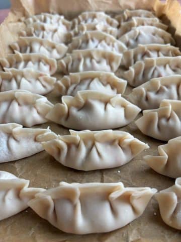 A tray of uncooked chicken dumplings before being frozen.