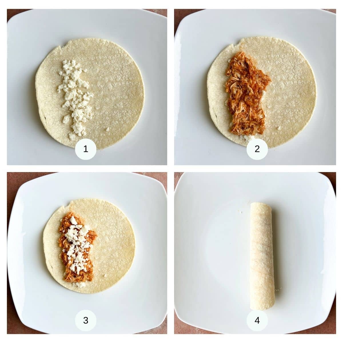 A 4-photo collage showing how to fill and wrap a taquito.